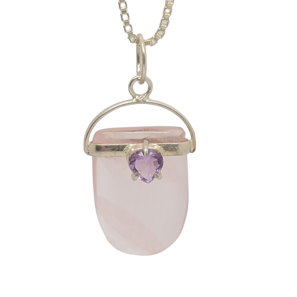 Custom Hand Crafted Heart Amythyst, Rose Quartz Sterling Silver Pendant 18"